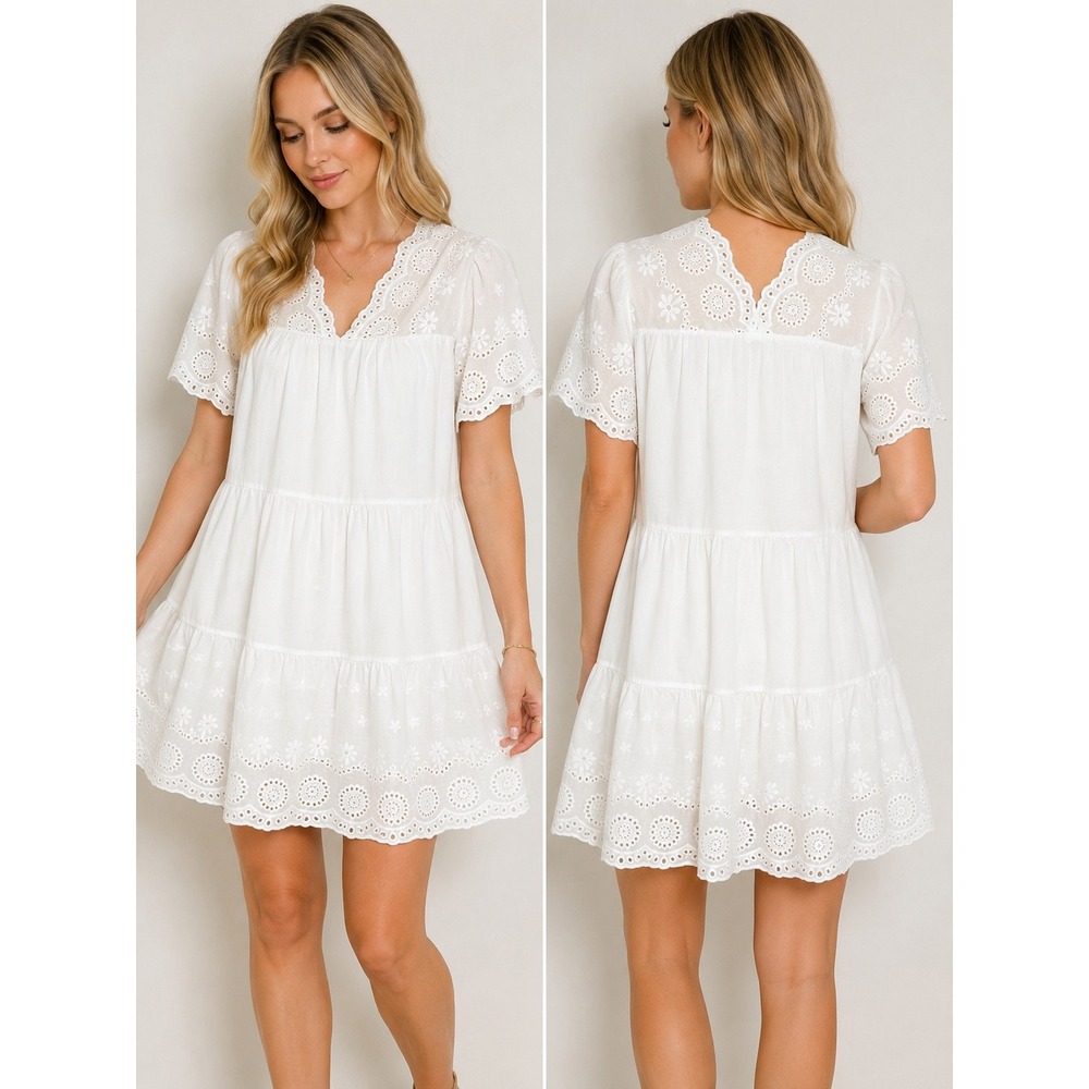 Petal Dew White Eyelet Tiered Mini Dress Cotton V-Neck Babydoll P60162 NEW M